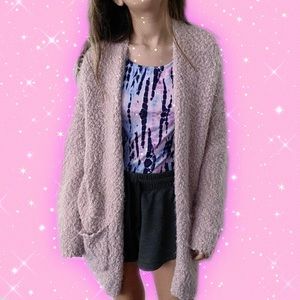 pink fuzzy cardigan